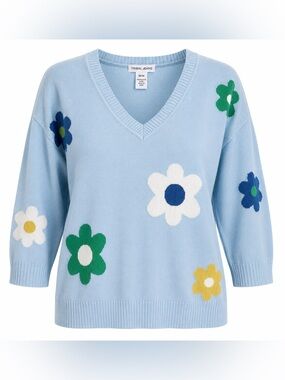 Tribal Jeans Floral V-Neck Sweater Blue Cotton Blend Medium
